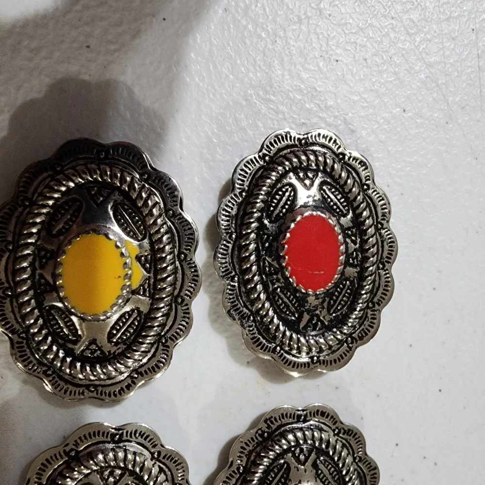 6pc Western Silver Tone Concho button covers Colorful Cabochon Set Southwestern